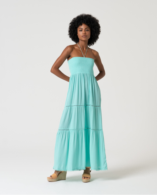 Robe longue unie à corps froncé Turquoise