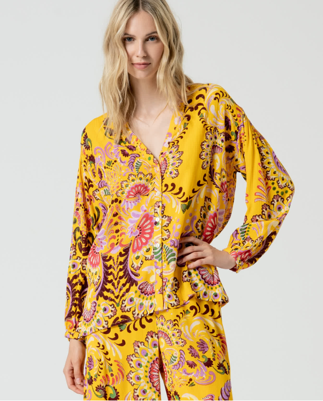 Blouse à col mao ouvert et imprimé Jaune