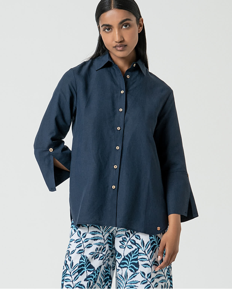 Chemise oversize en lin Bleu marine