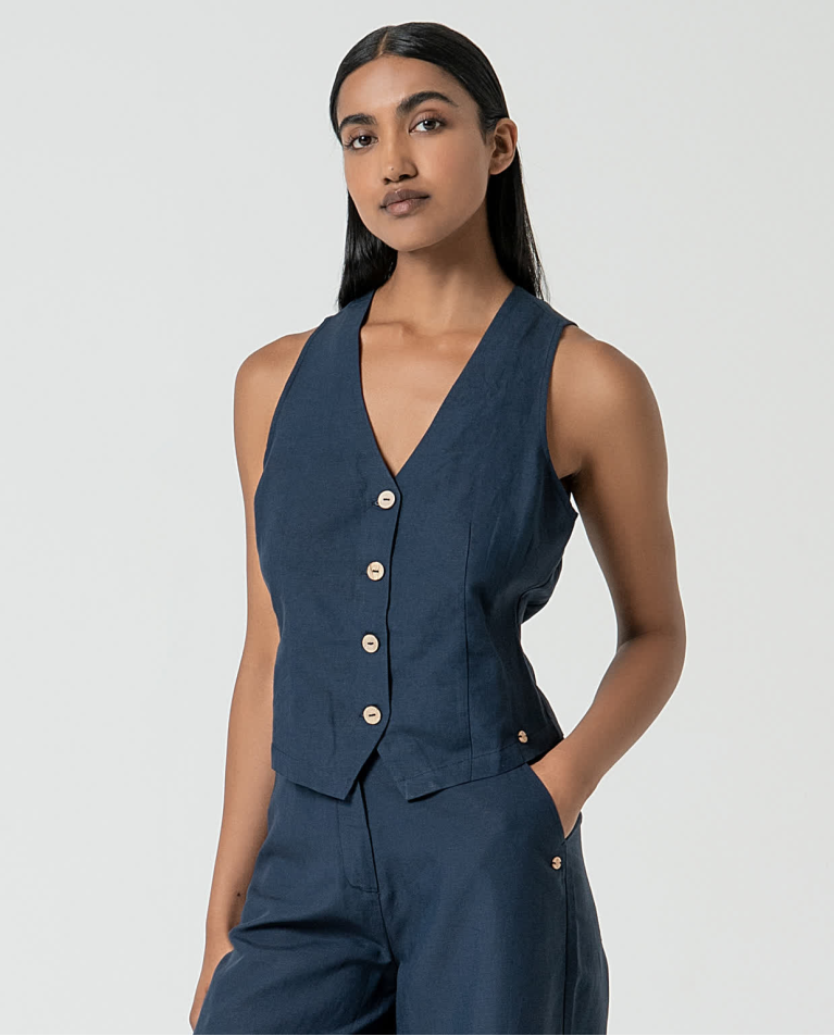 Solid linen vest Navy blue