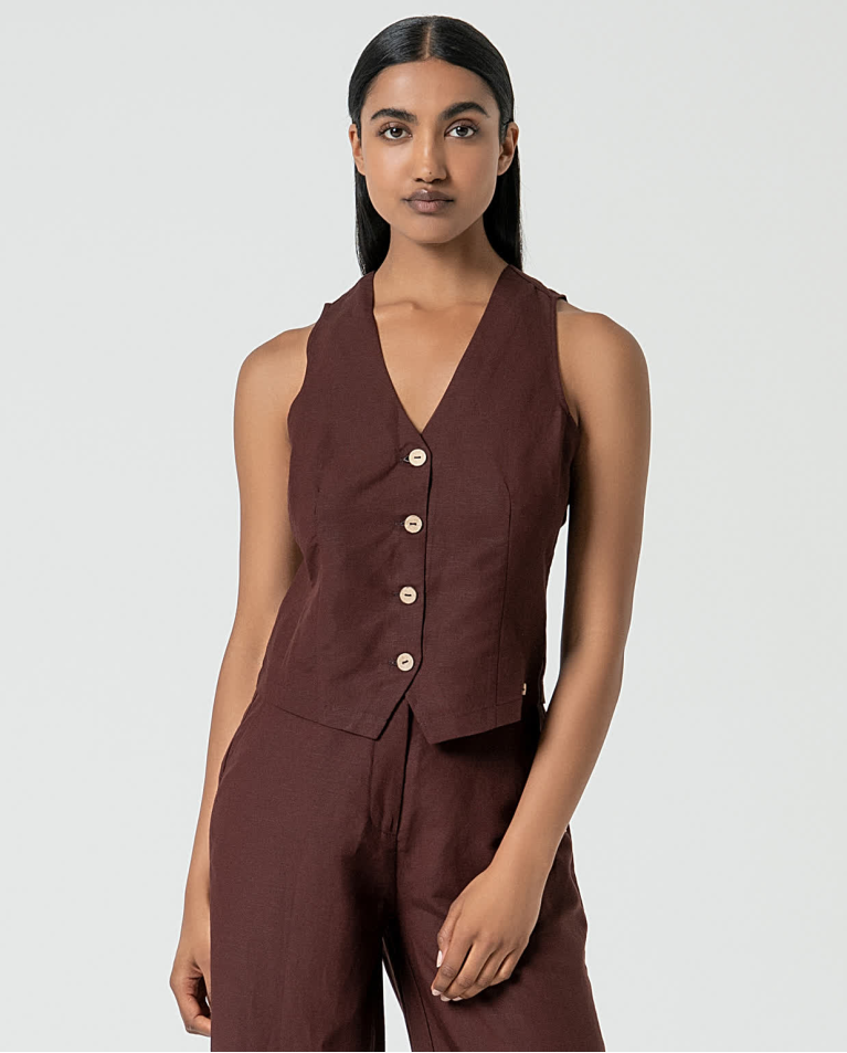 Solid linen vest Brown