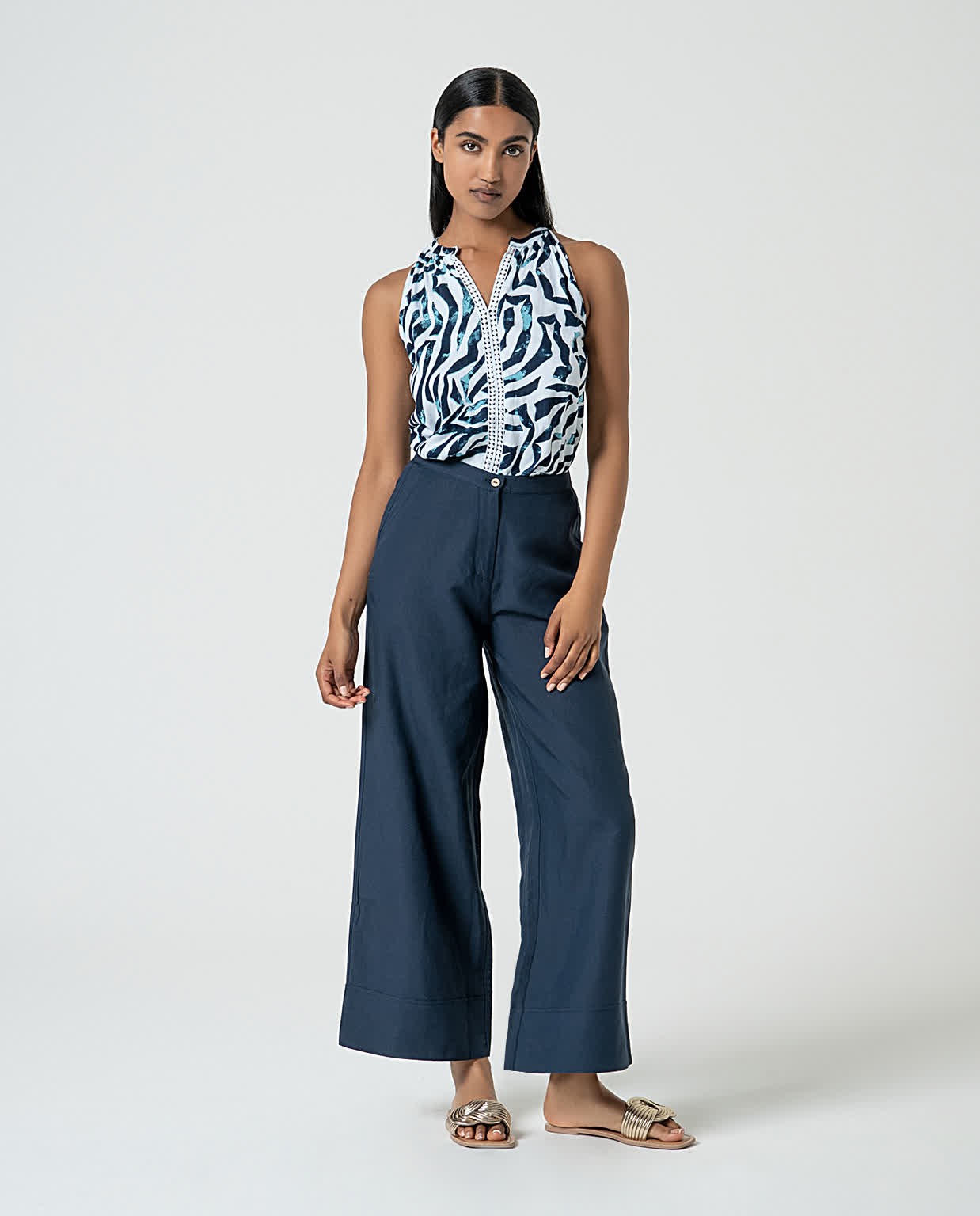 Wide-leg PANTS in plain linen Navy blue