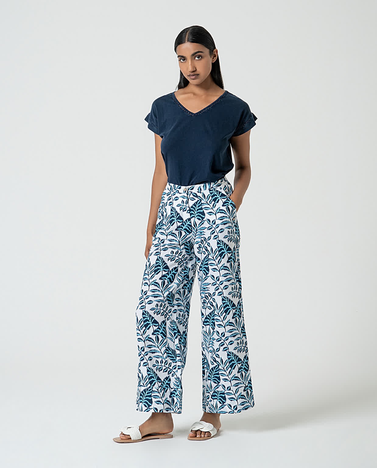 Pantalón ancho de lino estampado Azul