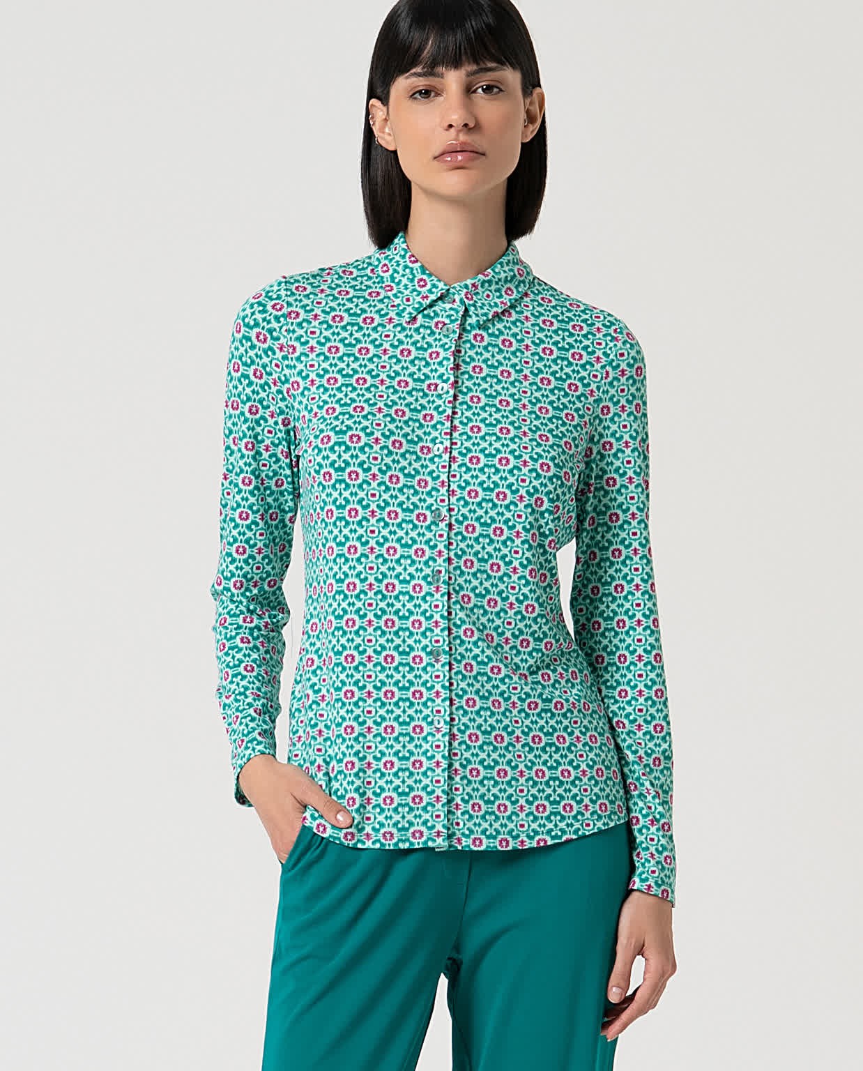 Printed long-sleeved stretch shirt Turquoise