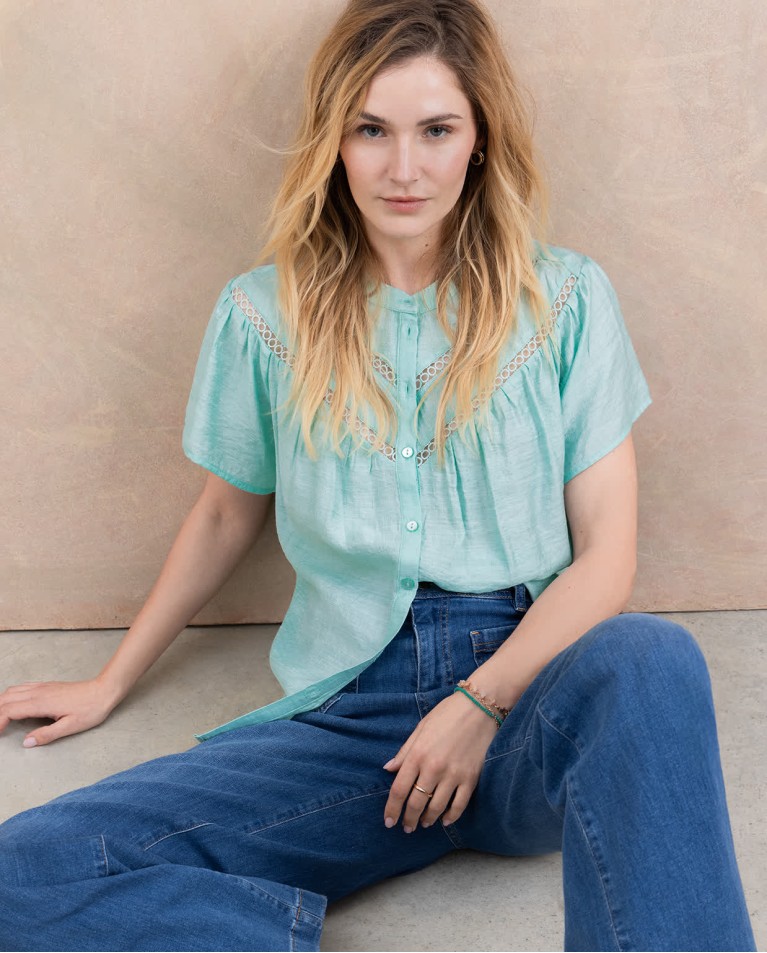 Blouse unie avec broderies perforées Vert d'eau