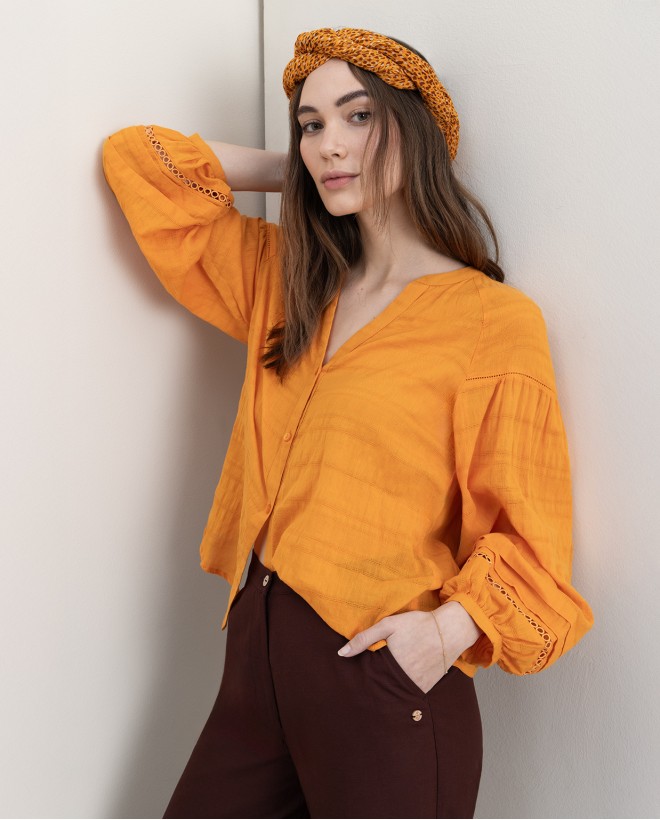 Blouse romantique unie avec broderies Orange