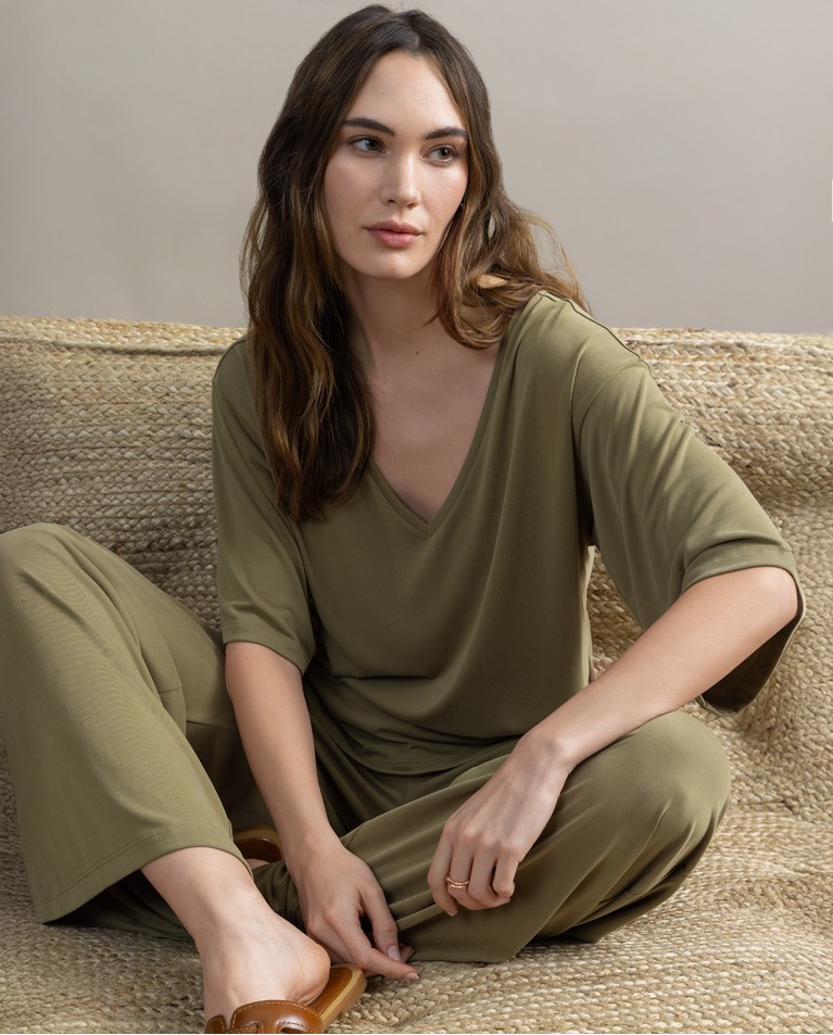 Pantalon long wide leg élastique Khaki