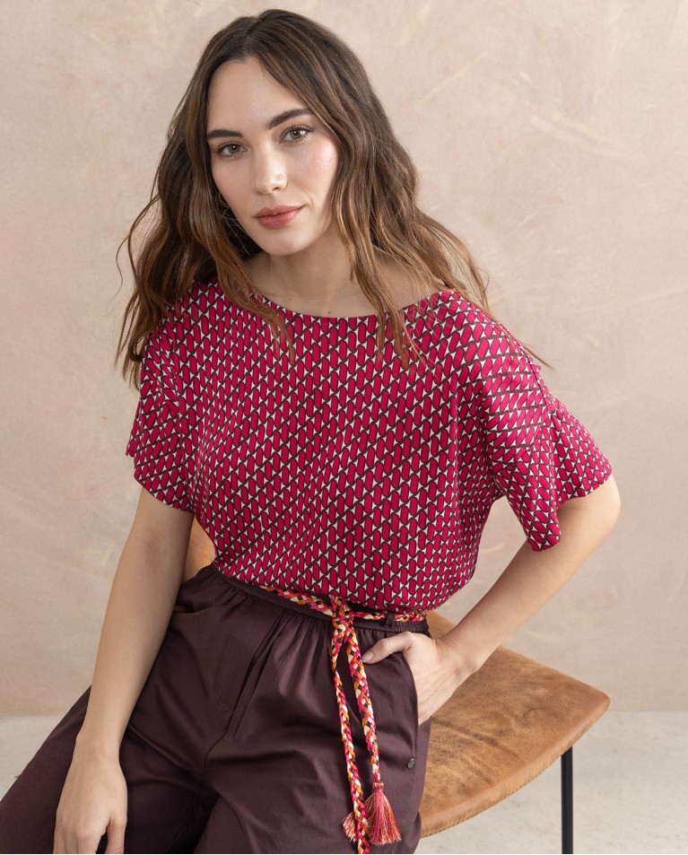 Printed loose-fitting stretchy tee Fuchsia