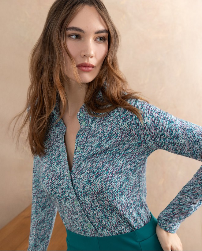 Printed long-sleeved stretch shirt Turquoise