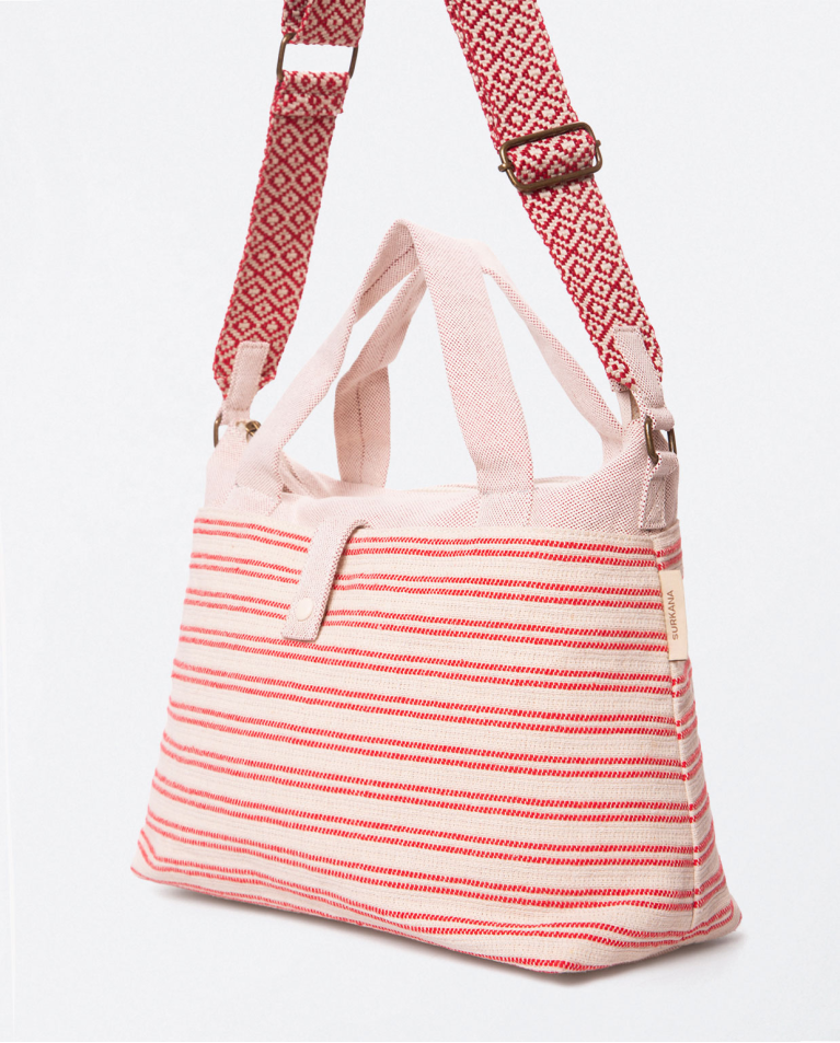 Borsa a tracolla in jacquard con manico. Strisce g Rosso