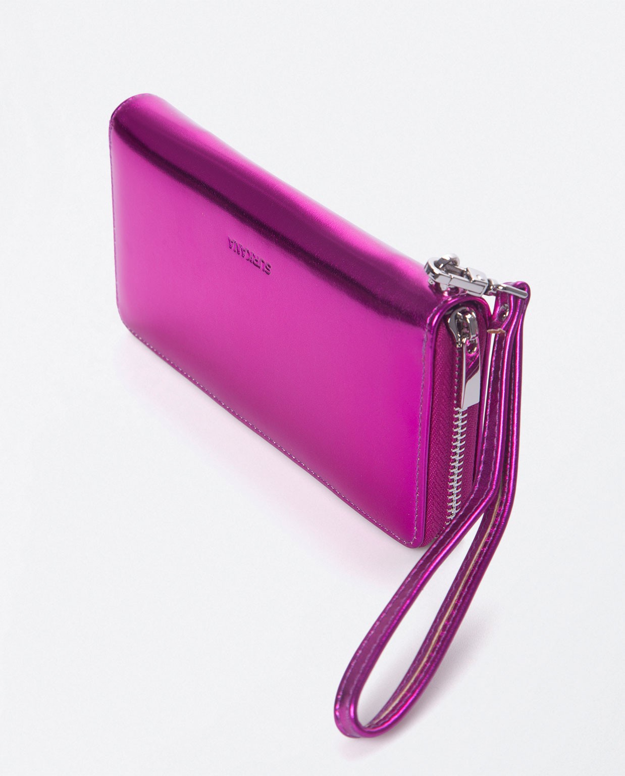 Portefeuille long avec fermeture éclair. Métalliqu Fushia