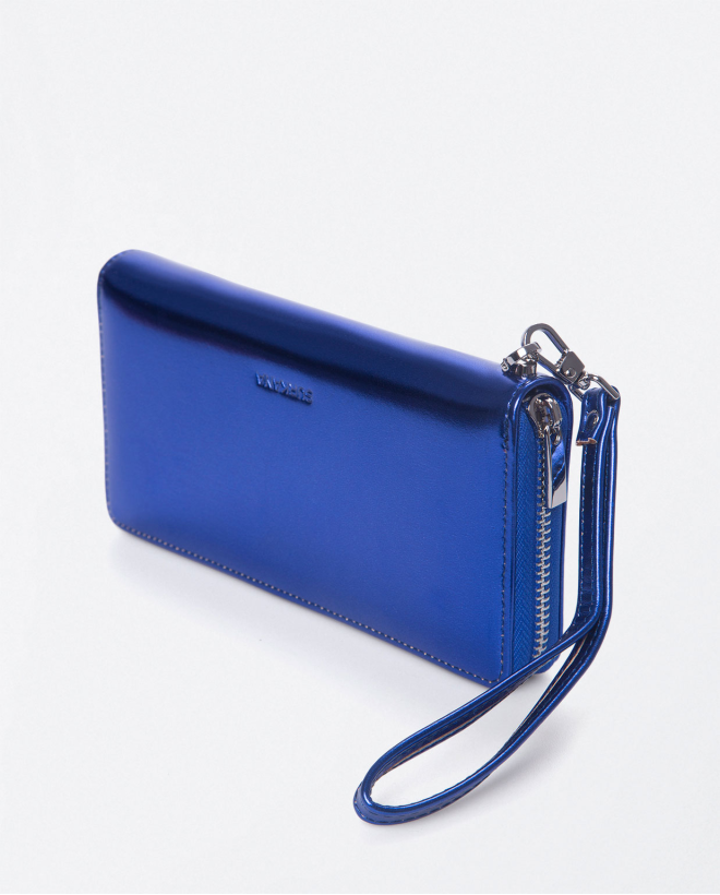 Portefeuille long avec fermeture éclair. Métalliqu Bleu