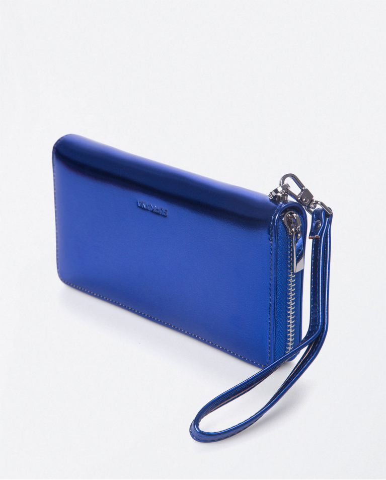 Portefeuille long avec fermeture éclair. Métalliqu Bleu