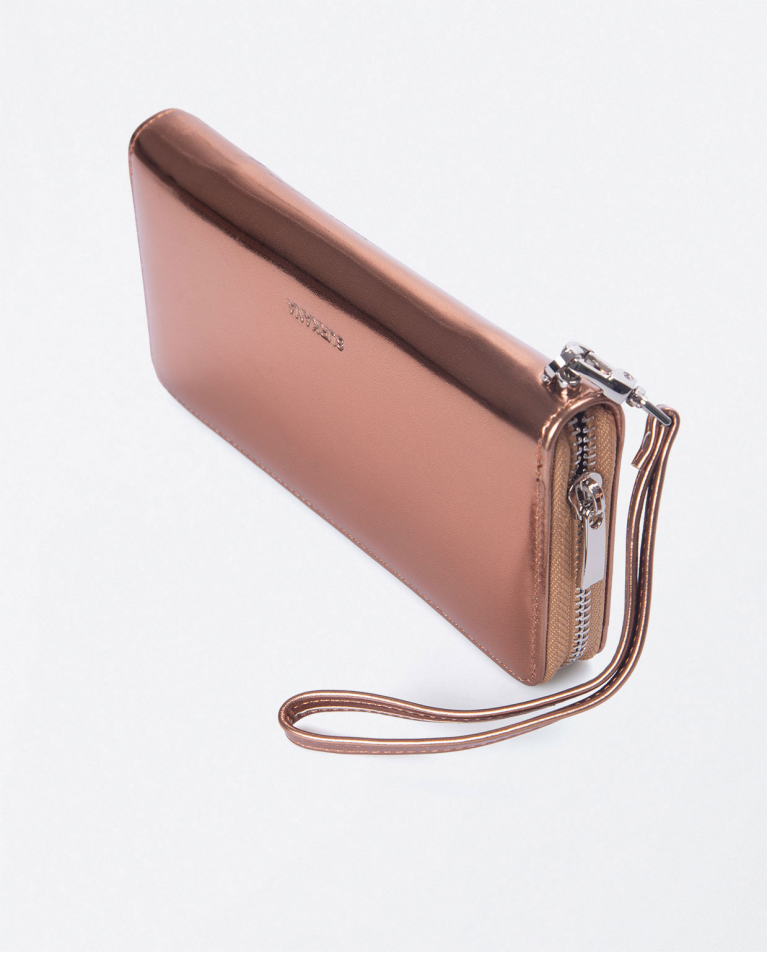 Portafoglio lungo con zip. metallizzato Rame