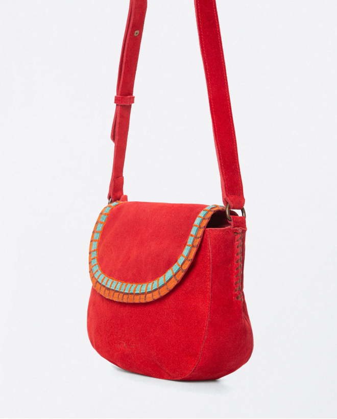 Sac à bandoulière en cuir nappa avec rabat et brod Rouge