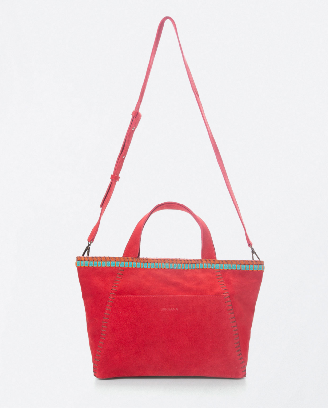 Borsa shopper in nappa con dettagli ricamati. Rosso