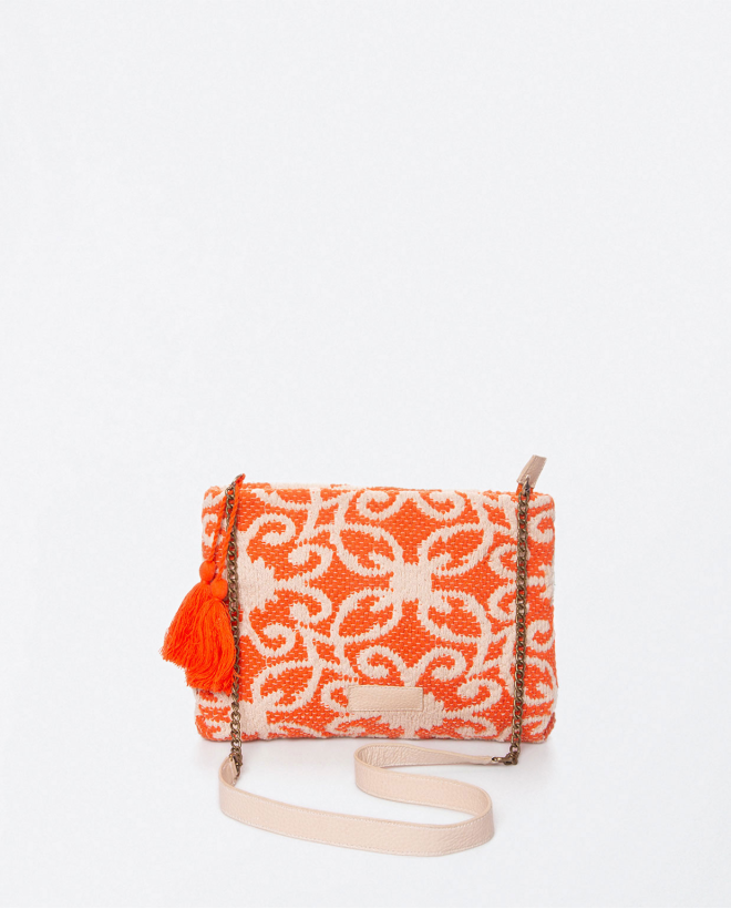 Sac à bandoulière avec chaîne et pompons. Imprimé Orange
