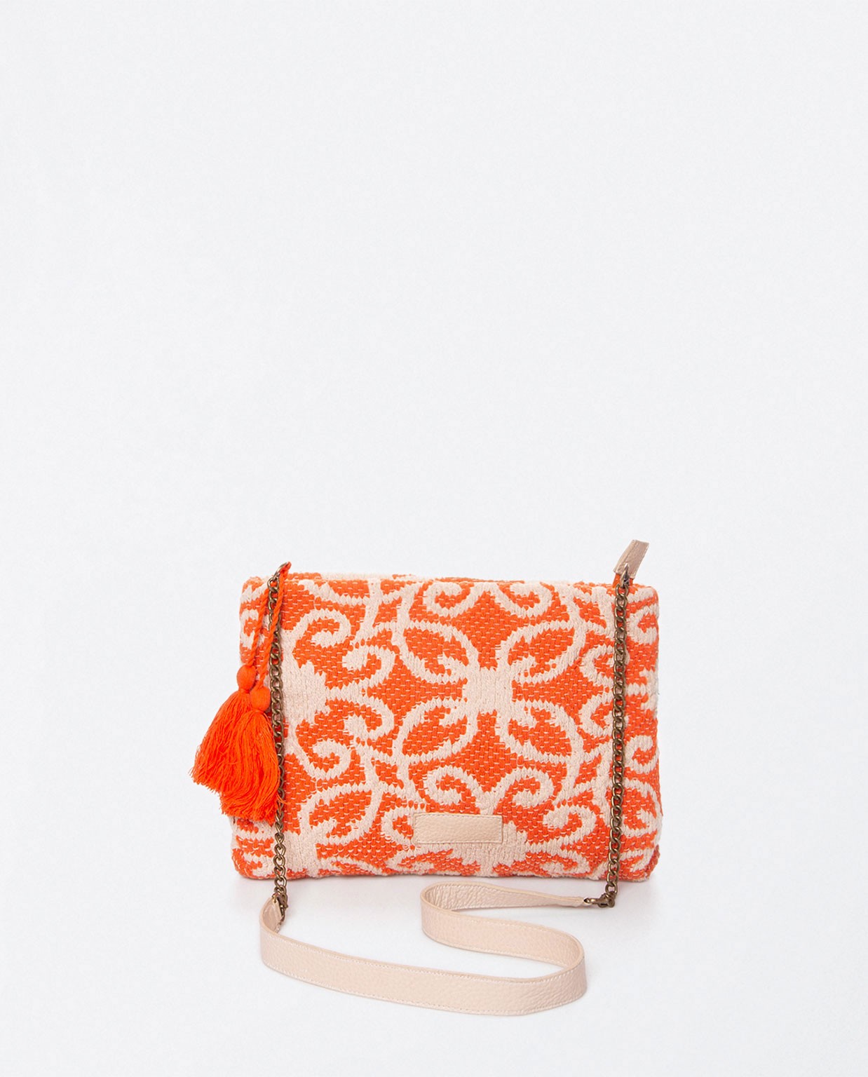 Sac à bandoulière avec chaîne et pompons. Imprimé Orange
