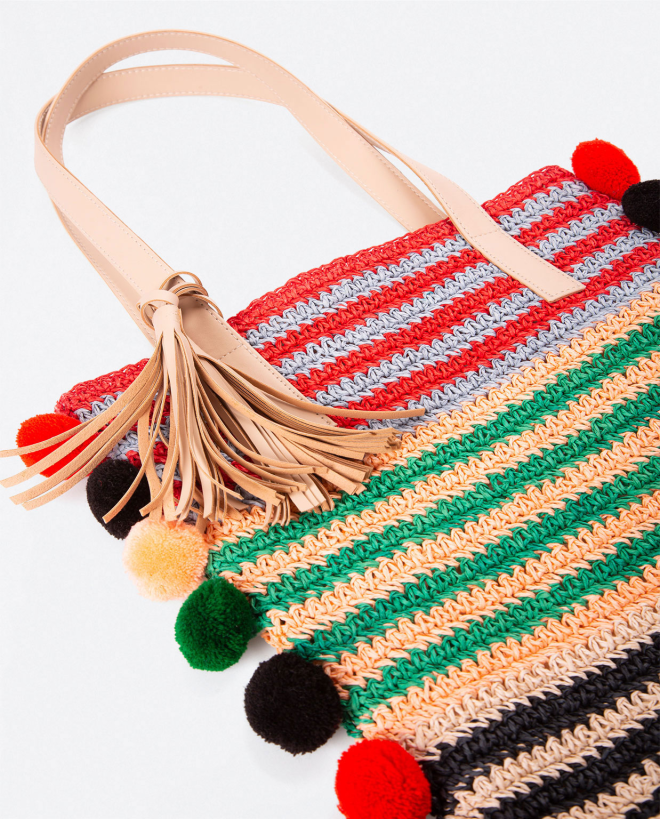 Borsa shopper in rafia con pompon. Strisce Multi