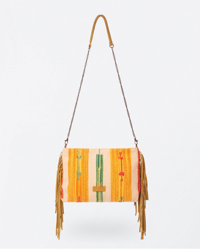 Petit sac à bandoulière avec des franges. Imprimé Moutarde