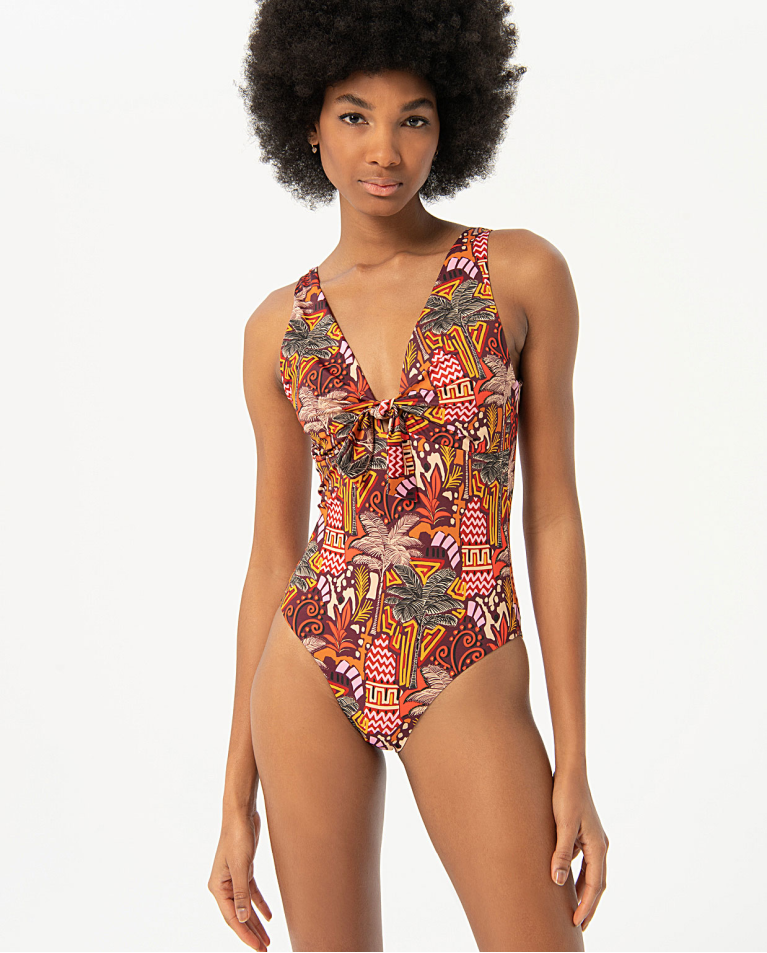 Costume da bagno con scollo a V e fiocco Multi