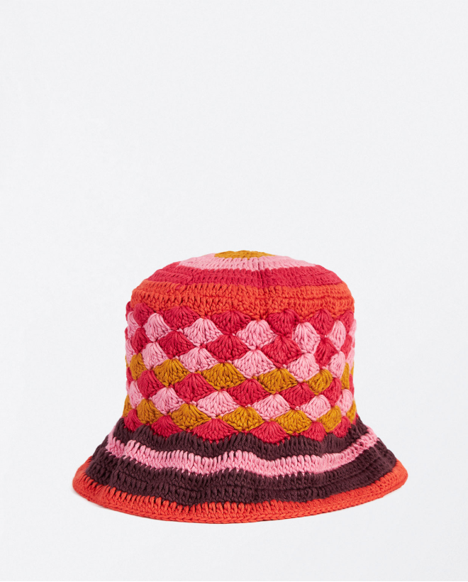 Cappellino da spiaggia all'uncinetto a righe Fucsia