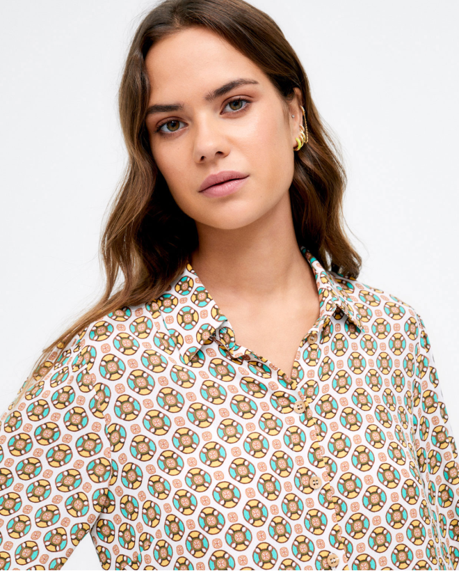 Robe chemise. Manches bouffantes. Imprimé Jaune