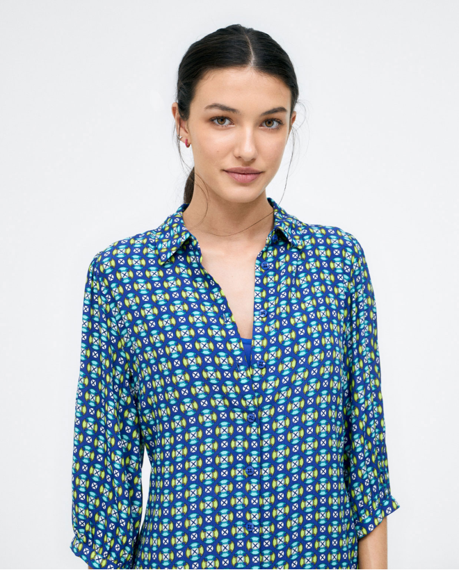 Robe chemise. Manches bouffantes. Imprimé Bleu