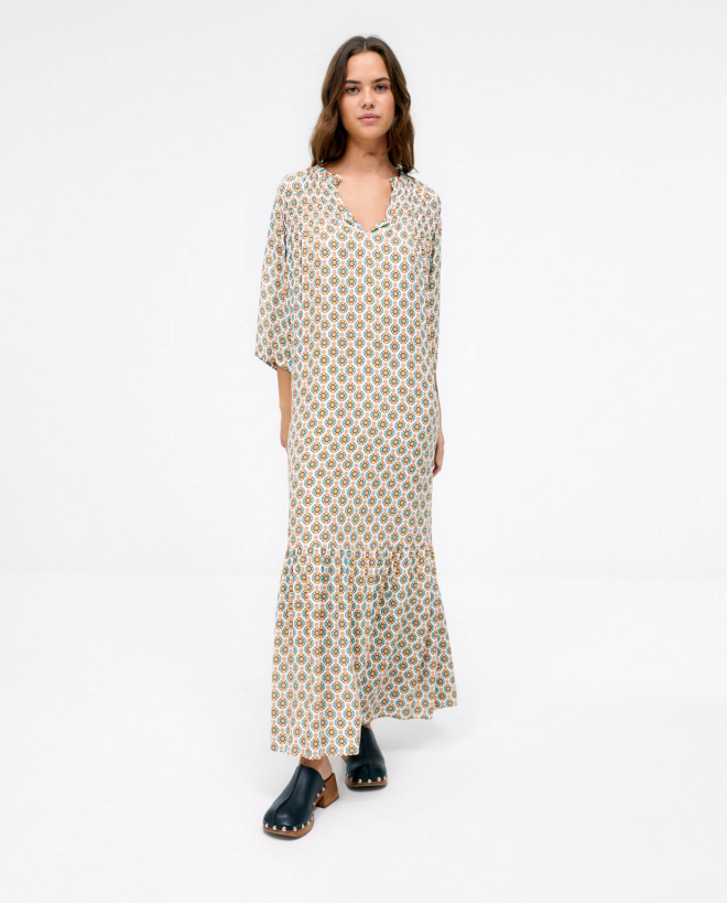 Robe longue et fluide à volants. Imprimé Jaune