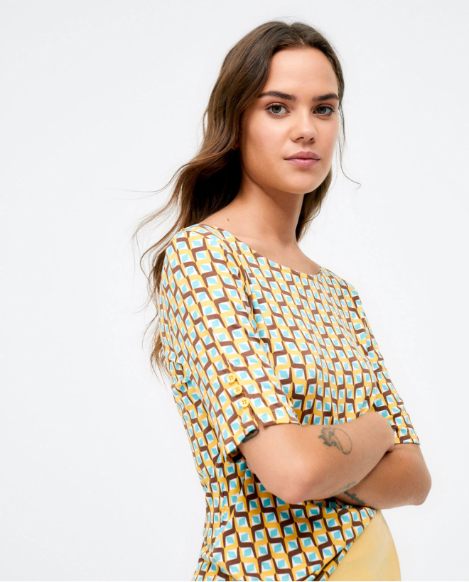 Blouse à manches françaises. Elastiques. Imprimé Jaune