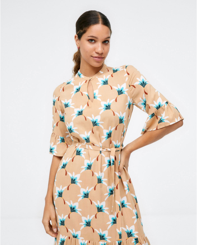 Midi dress with ruffle sleeves. Camel