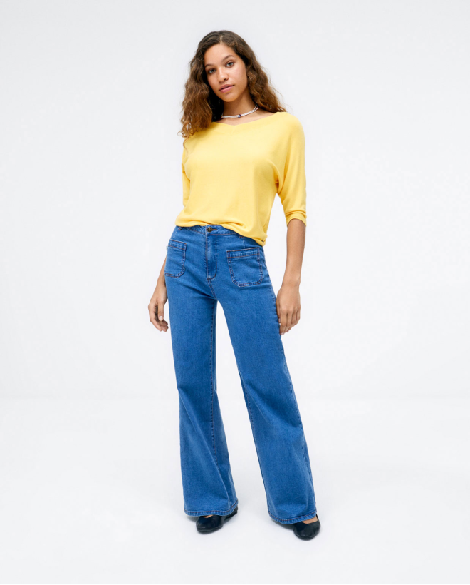 Maglia con scollo a V. Semplice Giallo