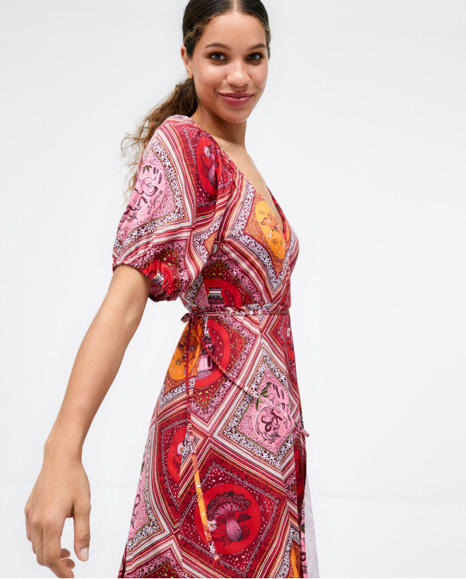 Robe midi nouée et croisée. Imprimé Rouge