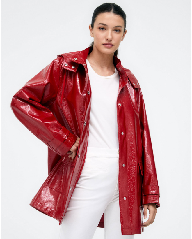 Parka a 3 4 con cappuccio e tasche. Liscio Rosso