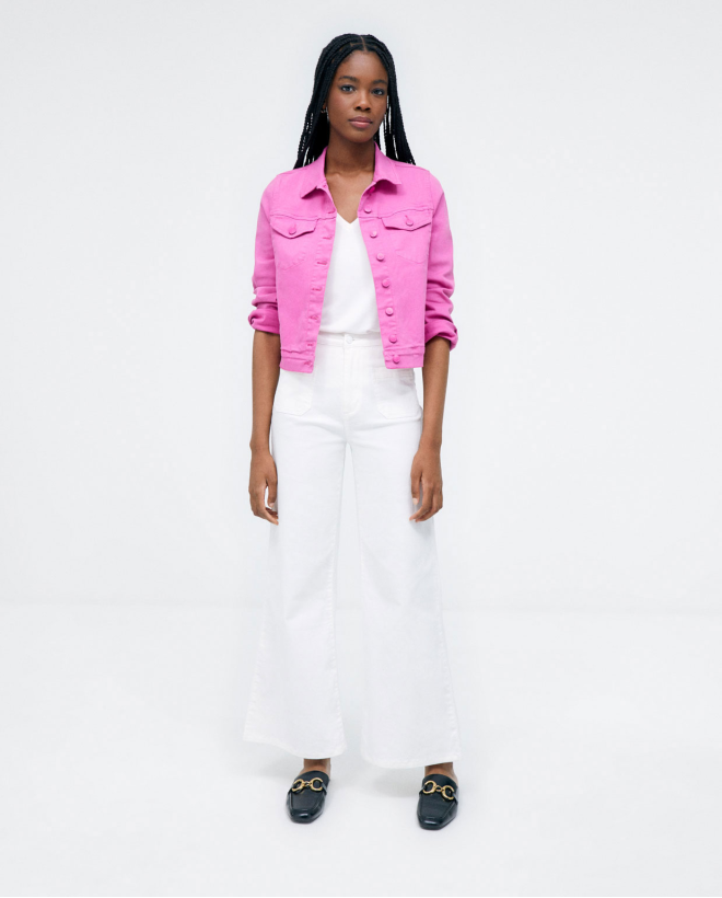 Long denim trousers with pockets. Plain White