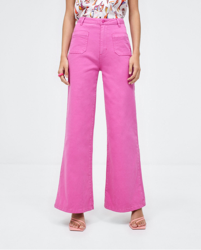 Long denim trousers with pockets. Plain Fuchsia