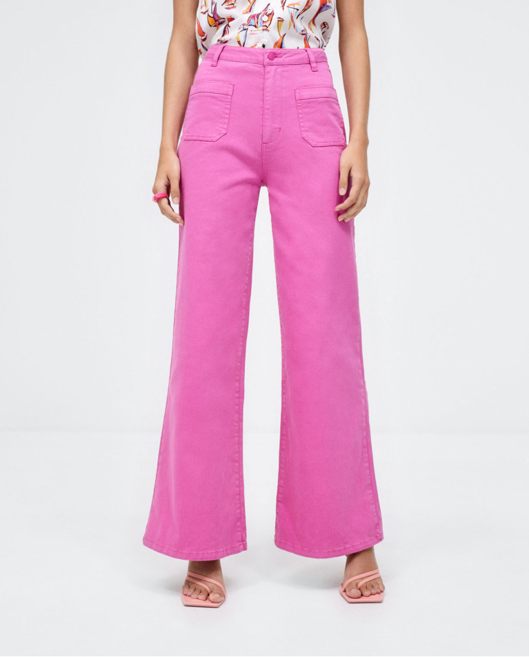 Pantaloni lunghi in denim con tasche. Tinta unita Fucsia