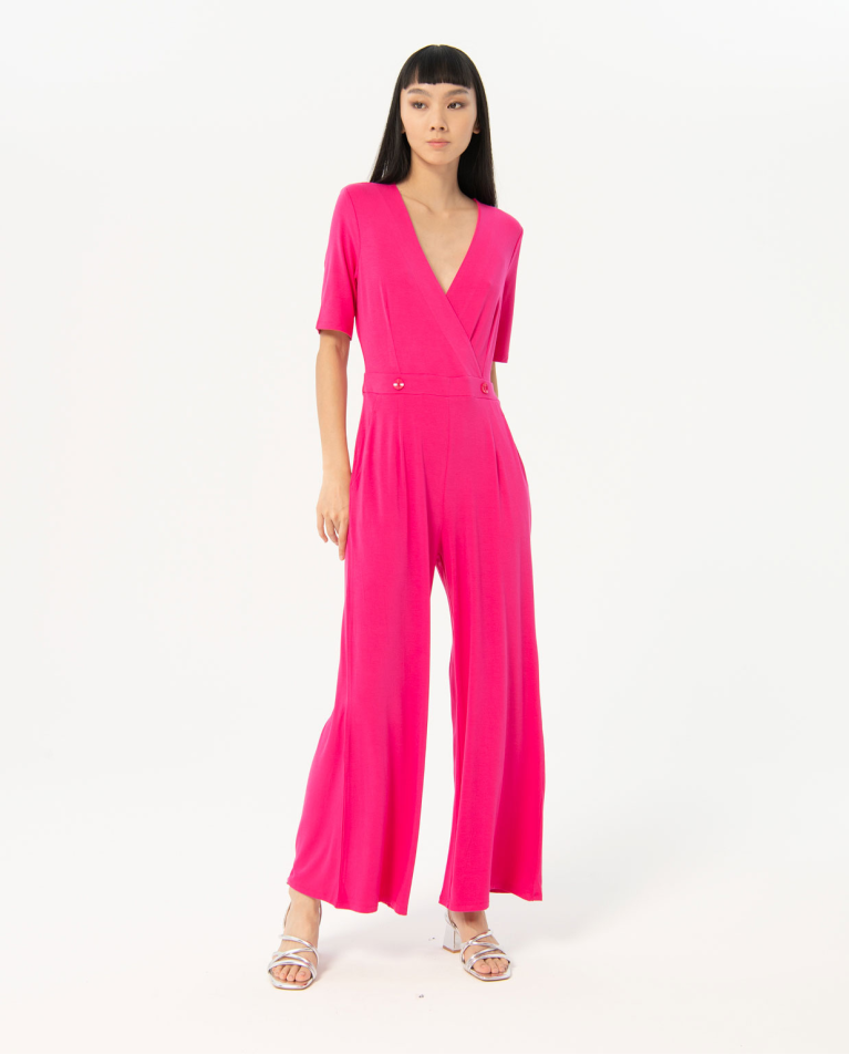 Stretch short sleeve jumpsuit Fuchsia