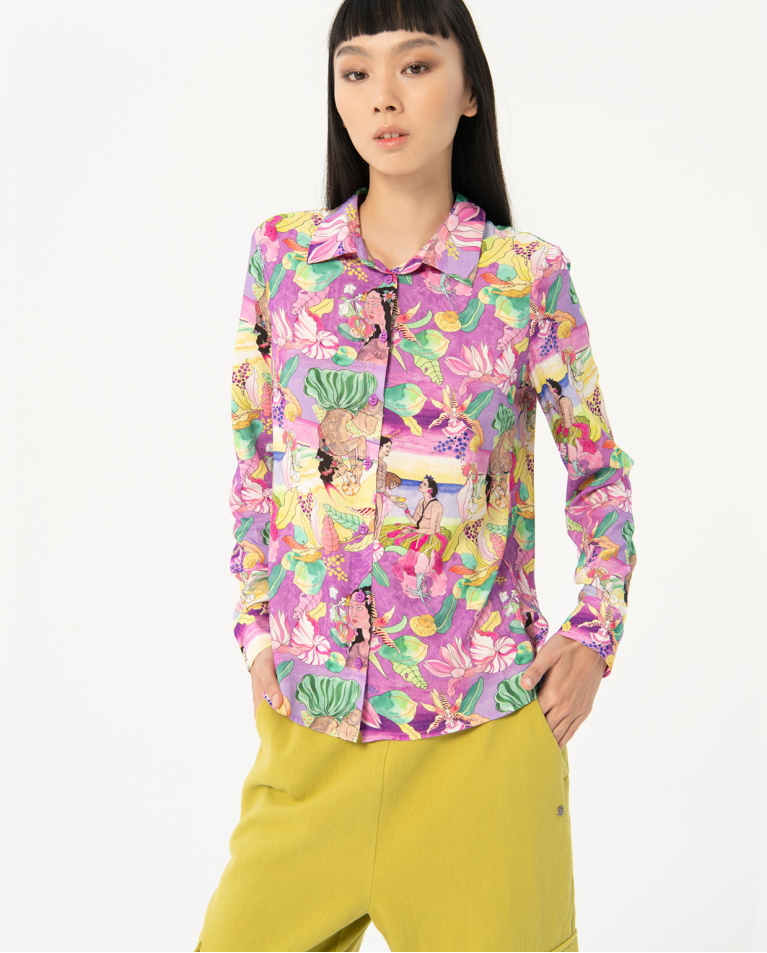 Camicia fluida stampata a maniche lunghe Multi