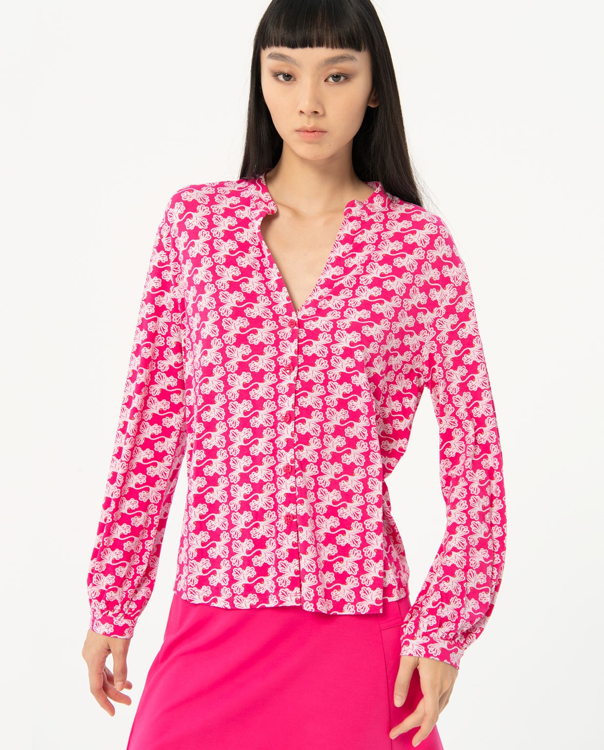 Camicia stampata con collo alla mao Fucsia