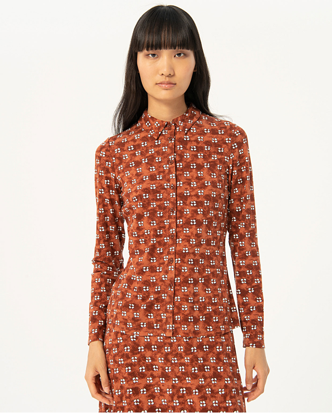 Printed long sleeve crepe shirt Brown