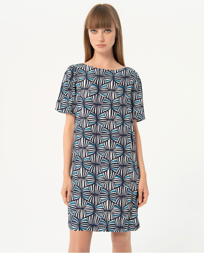 Robe droite courte en crêpe imprimé Bleu marine