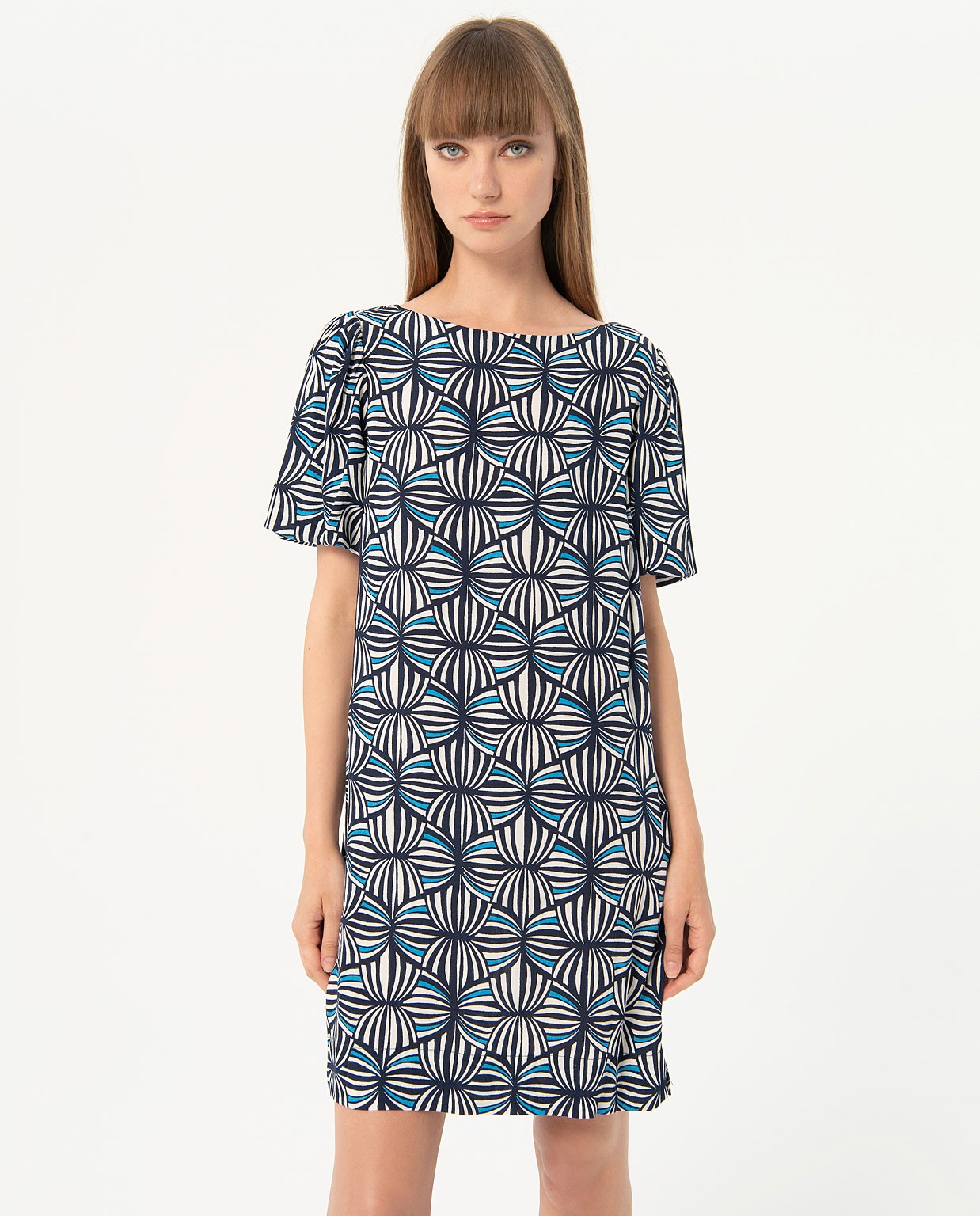 Printed crepe short straight dress Navy blue