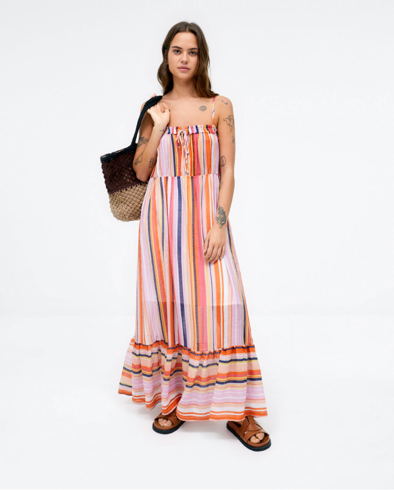 Robe longue avec bretelles et volants. Rayures Orange