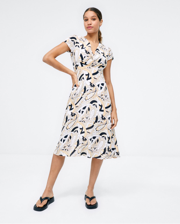 Robe midi avec col en V et drapé. Imprimé Beige
