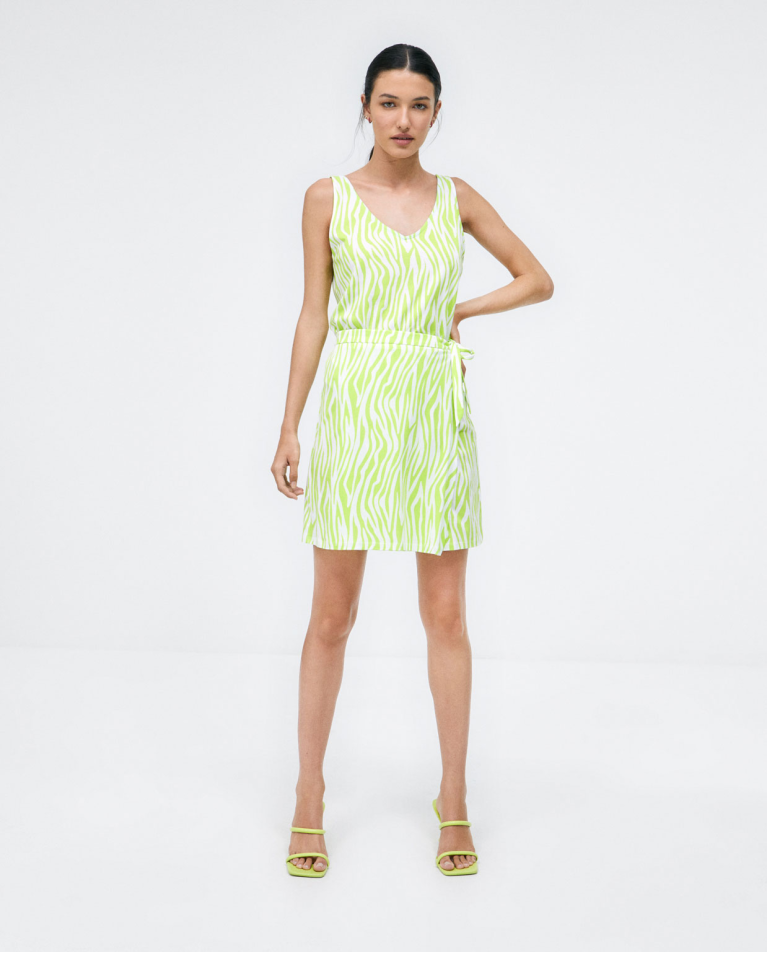 Gonna sarong corta e annodata. Stampa Verde acido