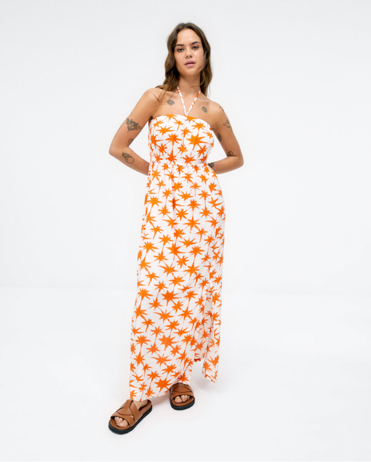 Robe longue sans bretelles. Imprimé Orange