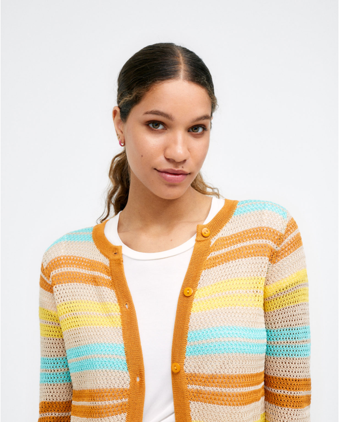 Cardigan court en tricot. Sans collier. Rayures Jaune