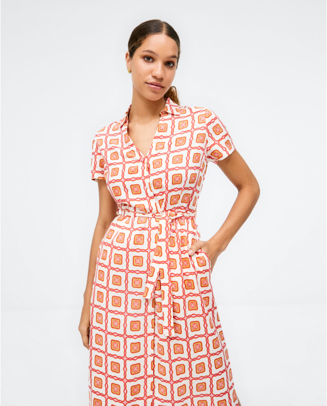 Long shirt dress. Short sleeves. Coral