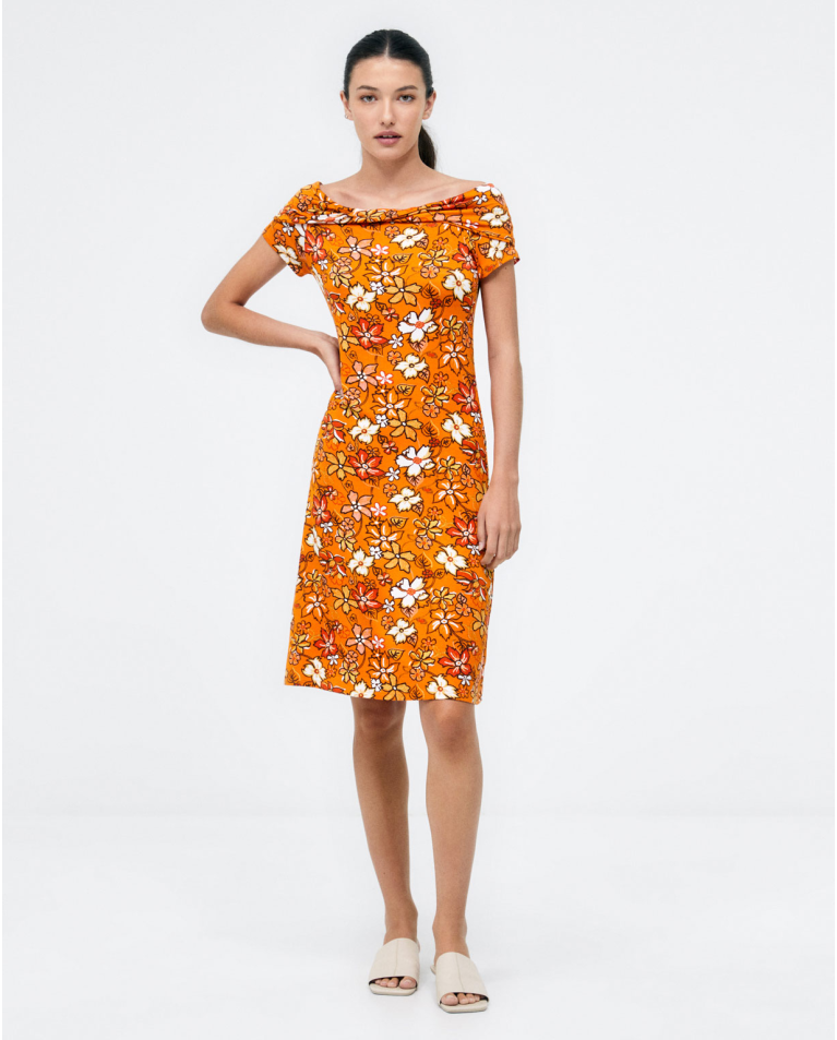 Robe courte. Bardot. Elastique. Impression e. Orange